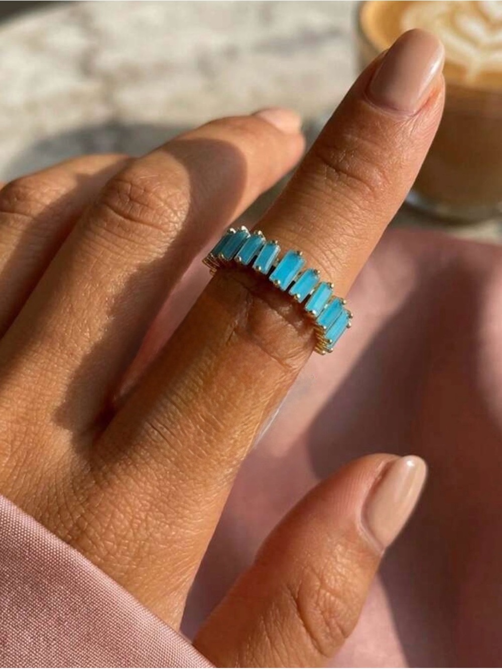 Western Ring Gold Band Ring with Turquoise Baguette Stones